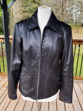 Anne Klein Black Lamb Leather Zip Jacket